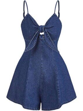 Women's Medium Wash Summer Bowknot Spaghetti Strap Denim Romper Short Jean Dress